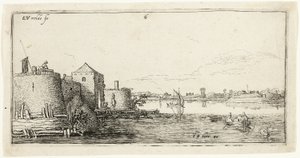 Zehn Landschaften: Umwallte Flussstadt links eines Flusses von Esaias van den Velde I