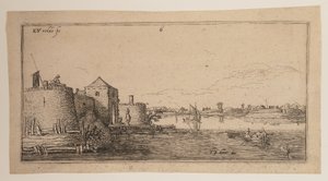 Umwallte Stadt, links eines Flusses, aus Landschaften von Esaias van den Velde I