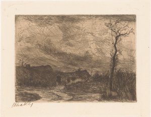 Häuser unter schwerer Wolkendecke von Etha Fles (signed by artist)