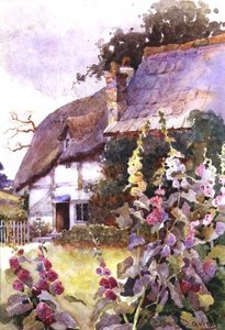 Stockrosen vor einem strohgedeckten Cottage von Ethel Davies