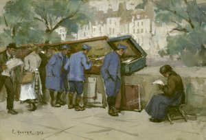 Französische Soldaten und Bouquinisten entlang der Seine, 1917 von Ethel Hunter
