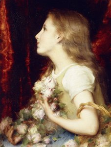 Ein junges Mädchen mit einem Korb voller Blumen von Etienne Adolphe Piot