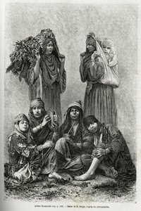 Araber Ghawarineh, Nomaden aus dem Becken des Toten Meeres. Gravur von E. Ronjat, zur Illustration der Geschichte von Syrien heute von M. Lortet, Dekan der Medizinischen Fakultät von Lyon, beauftragt mit einer wissenschaftlichen Mission durch das Ministeri