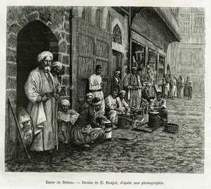 Basar von Damaskus. Gravur von E. Ronjat, zur Illustration der Geschichte La Syrie d