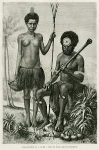 Fidschianisches Paar. Gravur von E. Ronjat zur Illustration der Geschichte „Promenades en Océanie“, von Aylic Marin, in Le Tour du monde 1887, unter der Leitung von Edouard Charton (1807-1890).