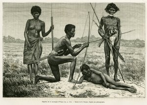 Negritos vom Yriga-Berg. Gravur von E. Ronjat zur Illustration der Geschichte „Lucon und Palaouan, sechs Jahre auf den Philippinen“ von Alfred Marche (1844-1898), veröffentlicht in Le Tour du monde 1886