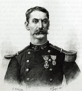 Porträt von Kommandant Joseph Gallieni während der Expedition in Afrika (1879-1882). Gravur von E. Ronjat nach einem Foto zur Illustration der Geschichte „Exploration du Haut Niger (Haut Niger)“ (heutiges Mali) von Kommandant Joseph Gallieni (1849-1916)