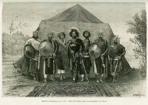 Porträt von Prinz Menelik II. von Äthiopien (1844-1913), umgeben von seinen Generälen. Gravur von Ronjat, nach einem Foto, zur Illustration der Geschichte „Reise nach Choa (Südliches Abessinien)“