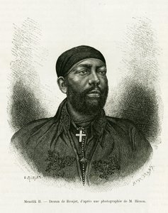 Porträt von Prinz Menelik II. von Äthiopien (1844-1913). Gravur von Ronjat, nach einem Foto, zur Illustration der Geschichte „Reise nach Choa (Südliches Abessinien)“