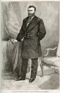 Porträt von Ulysses Grant (1822-1885), amerikanischer General, Führer der Unionstruppen während des Sezessionskrieges und 18. Präsident der Vereinigten Staaten (USA) für zwei Amtszeiten von 1869 bis 1877. Gravur nach der Zeichnung von E. Ronjat, zur Illust