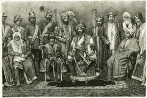 Der Maharadscha von Kaschmir, Rambhir Sing und sein Hof. Gravur von E. Ronjat, zur Illustration der Geschichte „Porträt einer Pariserin im westlichen Himalaya“, 1881, von Marie de Ujfalvy-Bourdon. Veröffentlicht in der Tour du monde, 2. Semester.