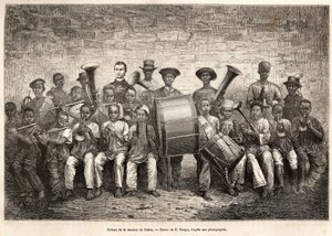 Die Band der Kinder der Gabon-Mission. Gravur nach der Zeichnung von E. Ronjat, um die Kreuzfahrt an der Küste Afrikas zu illustrieren, von Vizeadmiral Fleuriot de Langle, im Jahr 1868, veröffentlicht in „Le tour du monde“ 1876, herausgegeben von Edouard C von Etienne Antoine Eugene Ronjat