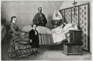 Die Konsultation des Arztes im Logelbach-Hospiz. Gravur von E. Ronjat, zur Illustration der Geschichte „Durch Elsass und Lothringen“, 1884, von Charles Grad (1842-1890), deutscher Abgeordneter, Schriftsteller und Naturforscher. Veröffentlicht in Le Tour du von Etienne Antoine Eugene Ronjat