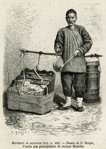 Der Zuckerhändler schlägt auf eine flache Trommel, um auf seine getrockneten Aprikosen, kandierten Äpfel und Karamell-Bonbons aufmerksam zu machen, während er das Orientalische Blumentor des Kaiserpalastes in Peking entlanggeht. Gravur nach der Zeichnung v von Etienne Antoine Eugene Ronjat