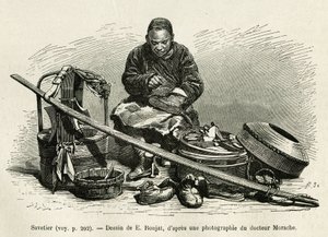 Der reisende Schuster repariert die Stiefel, aber auch die Geschirre der Wagen der hohen Beamten des Palastes, am Fuß des Orientalischen Blumentors des Kaiserpalastes in Peking. Gravur nach der Zeichnung von E. Ronjat, um die Reise nach Peking zu illustrie von Etienne Antoine Eugene Ronjat