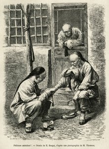 Der wandernde Fußpfleger, eine alltägliche Szene des täglichen Lebens in chinesischen Städten. Gravur nach der Zeichnung von E. Ronjat, zur Illustration der Reise nach Peking und Nordchina, von T. Choutze, 1873, veröffentlicht in „Le tour du monde“ 1876, h