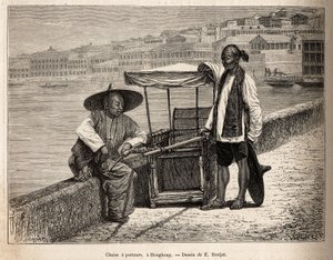 Zwei Träger ruhen sich neben ihrem Rollstuhl in Hongkong aus, Gravur nach einer Zeichnung von E. Ronjat zur Illustration der Reise nach China, von J. Thompson, 1870-1872, veröffentlicht in „Le tour du monde“ 1875, herausgegeben von Edouard Charton, Hachett von Etienne Antoine Eugene Ronjat
