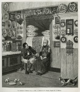 Ein Interieur in Marken (Niederlande), Gravur nach einer Zeichnung von E. Ronjat, zur Illustration der Geschichte der Niederlande von Charles de Coster, 1878, veröffentlicht in Le tour du monde, unter der Leitung von Edouard Charton von Etienne Antoine Eugene Ronjat