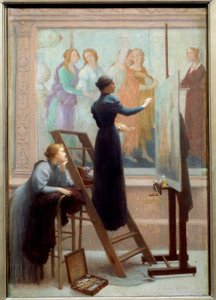 Im Louvre (zwei Frauen kopieren das Fresko von Botticelli) von Etienne Azambre