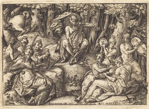 Apollo auf dem Berg Parnass von Etienne Delaune after Niccolò dell