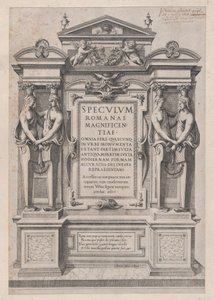 Speculum Romanae Magnificentiae: Titelseite graviert innerhalb architektonischer und skulpturaler... von Etienne Duperac