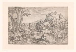 Landschaft mit Fischer und Schloss auf Berggipfel