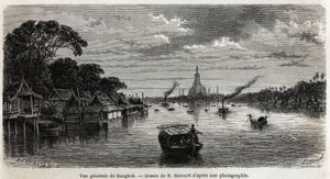 Gesamtansicht von Bangkok (Thailand), Zeichnung von E. Bocour, zur Illustration der Reise von Henri Mouhot zu den Königreichen Siam, Kambodscha und Laos von 1858 bis 1861. Gravur in „Le tour du monde“, herausgegeben von Edouard Charton