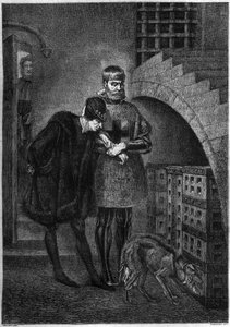 König Ludwig XI. von Frankreich (1423-1483) besucht den Gefangenen Jean de La Balue (Kardinal Balue) (1421-1491), eingesperrt in einem Eisenkäfig. Gravur von Bocourt nach dem Gemälde von Gérôme