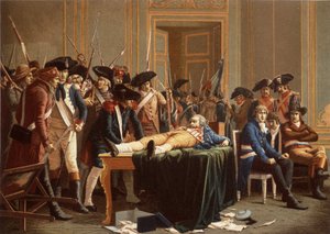 Der Morgen des 10. Thermidor Jahr II; Maximilien de Robespierre, mit gebrochenem Kiefer, auf einem Tisch ausgebreitet