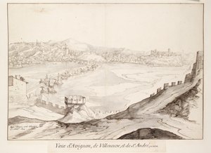Ansicht der Brücke von Avignon in Richtung Villeneuve, frühes 17. Jahrhundert