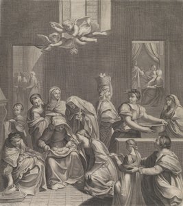 Die Geburt der Jungfrau, Frau sitzt mit einem Säugling im Schoß, umgeben von zahlreichen Frauen, 1677 von Etienne Picart