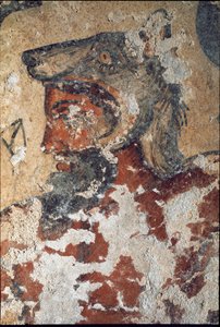 Aita (Eiza), etruskischer Gott des Jenseits, trägt eine Wolfskappe (Detail eines Freskos, 4. Jahrhundert v. Chr.) von Etruscan