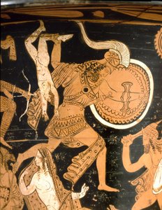 Glockenkrater, der die Zerstörung Trojas darstellt: Detail, das Neoptolem zeigt, wie er Astyanax, den Sohn von Hektor, über die Mauern wirft. Aus Falerii Veteres (Civita Castellana). 350-300 v. Chr. Rom, Museo Nazionale di Villa Giulia