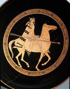 Etruskische Antike: Detail einer Kylix, die einen Reiter darstellt. Aus Falerii Veteres (Civita Castellana) 5. Jahrhundert v. Chr. Rom, Museo Nazionale di Villa Giulia von Etruscan
