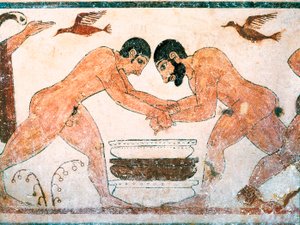 Etruskische Kunst: Athleten dargestellt im Grab der Auguren in der Nekropole von Monterozzi Tarquinia, nahe Viterbo, Italien. Fresko aus dem 6. Jahrhundert v. Chr. von Etruscan