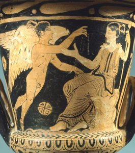 Calyx-Krater (große Vase) des Villia-Giulia-Malers, der Athena und einen geflügelten Geist darstellt. Rotfigurige Keramik aus Cerveteri (Latium). Etruskische Zivilisation, 4. Jahrhundert v. Chr.