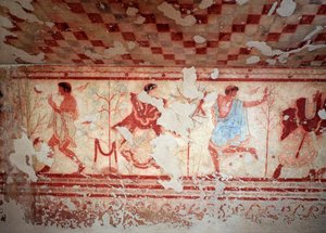 Tänzer und Musiker während eines Banketts. Fresken des Tomba del Triclinium, 5. Jahrhundert v. Chr.