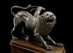 Etruskische Kunst: Chimäre von Arezzo, verletzt von Bellerophon (Chimera ferita von Bellerofonte) - Bronzeskulptur, 400-350 v. Chr. - Archäologisches Museum von Florenz - Chimäre von Arezzo - Etruskische Bronzeskulptur (H. 65 cm), 400-350 v. Chr. - Florenz von Etruscan