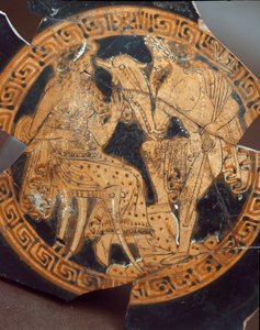 Etruskische Antike: Detail einer Kylix, die Poseidon und Amphitrite darstellt. Aus Falerii Veteres (Civita Castellana) 6. Jahrhundert v. Chr. Rom, Museo Nazionale di Villa Giulia