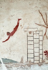 Etruskische Kunst: Ein junger Schwimmer taucht. Fresko des Grabes des „Tauchers“. (Detail) Aus dem südlichen Friedhof von Paestum. 480-470 v. Chr. Museo Archeologico Nazionale, Paestum