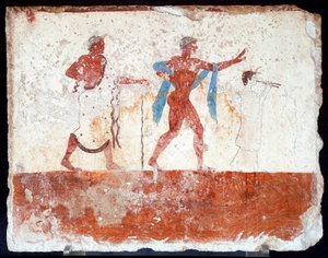 Etruskische Kunst: Ein junger Ephebe, ein Musiker und ein Zeremonienmeister. Fresko des Grabes des „Tauchers“. Aus dem südlichen Friedhof von Paestum. 480-470 v. Chr. Museo Archeologico Nazionale, Paestum