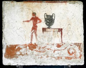 Etruskische Kunst: Ein junger nackter Ephebe neben einem Tisch mit einer Vase (Fresko aus dem Grab des Tauchers)
