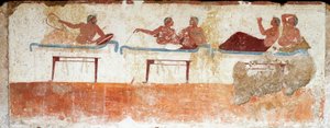Etruskische Kunst: Bankettszene. Fresko aus dem Grab des „Tauchers“. Aus dem südlichen Friedhof von Paestum. 480-470 v. Chr. von Etruscan