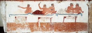Etruskische Kunst: Bankettszene. Fresko des Grabes des „Tauchers“. Aus dem südlichen Friedhof von Paestum. 480-470 v. Chr. Museo Archeologico Nazionale, Paestum von Etruscan