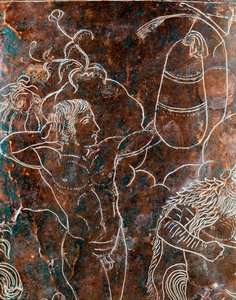Etruskische Kunst: Detail des bronzenen Ficoroni-Cistus, das die Legende der Argonauten darstellt: ein Argonaut beim Boxtraining. Aus Preneste (Palestrina). 340 v. Chr. Museo Nazionale di Villa Giulia, Rom