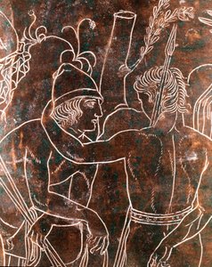 Etruskische Kunst: Detail des bronzenen Ficoroni-Cistus, das die Legende der Argonauten darstellt. Aus Preneste (Palestrina). 340 v. Chr. Museo Nazionale di Villa Giulia, Rom von Etruscan