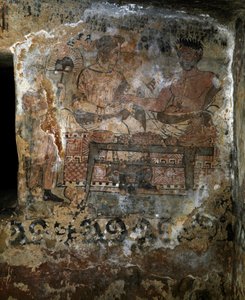 Etruskische Zivilisation: Larth Velcha und seine Frau Velia Seithi dargestellt bei einem Bankett auf einem Fresko des Grabes der „Schilde“ (tomba degli scudi) 340 v. Chr. Nekropole von Monterozzi, Tarquinia, Italien