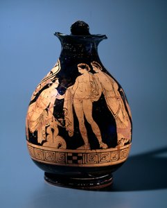 Etruskische Zivilisation: Terrakotta-Oinochoe dekoriert von der Werkstatt des Malers von Alcesti, die einen jungen Mann zeigt, der mit zwei anderen stehenden Personen spricht, 360-340 v. Chr. aus Tarquinia, Italien