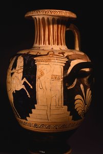 Hydria vom Maler der Biga Vaticana, Detail des Aedikula mit Maler bei der Arbeit von Etruscan