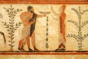 Mann und Kind vor dem toten Heroisee, aus dem Grab des Barons, ca. 500 v. Chr. (Wandmalerei) (Detail)